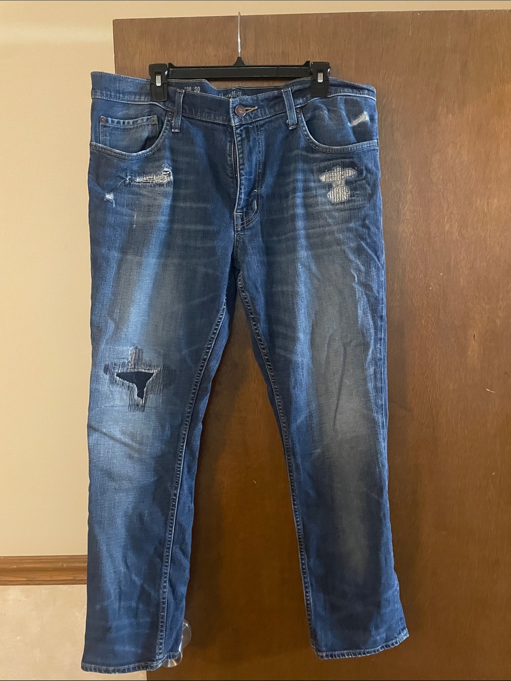Goodfellow & Co Medium Dark Blue Straight Jeans with Distressed Details
